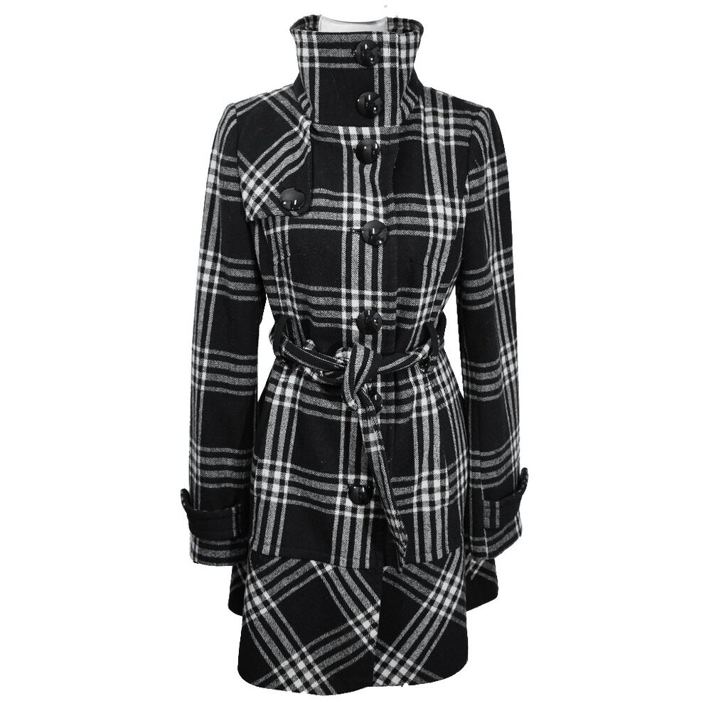 Express Coat Goth Plaid Black Wool Blend Funnel Neck Academia Pea Coat Mod Retro
